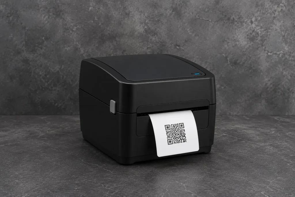 Compact barcode label printer producing a QR code label for business use