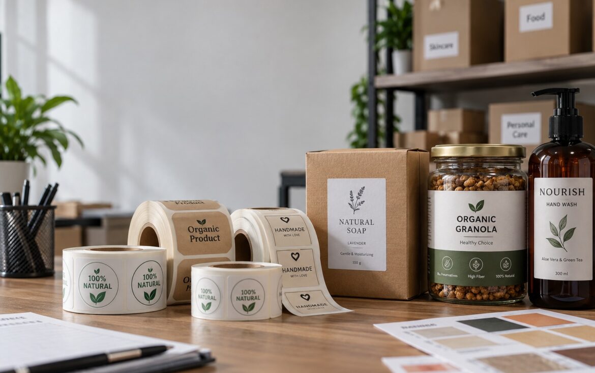 Sticker Printing Dubai – Natural product stickers, handmade soap labels, organic granola packaging, and eco-friendly product labels displayed on a workspace.