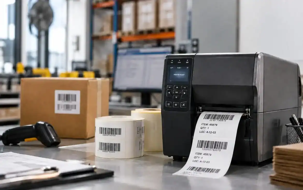 Thermal barcode printer producing barcode labels for warehouse inventory and industrial printing in UAE