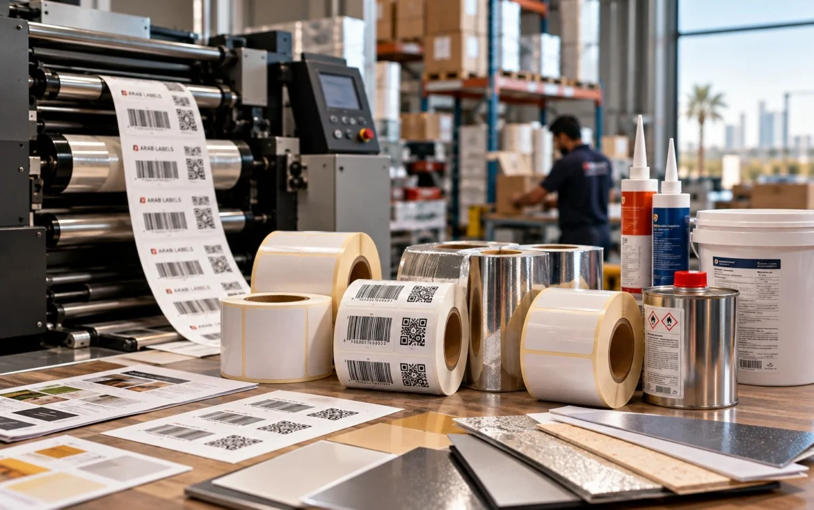 Industrial label printing machine producing barcode and QR code labels, with rolls of printed labels, material samples, and adhesive containers on a workbench in a UAE warehouse facility.